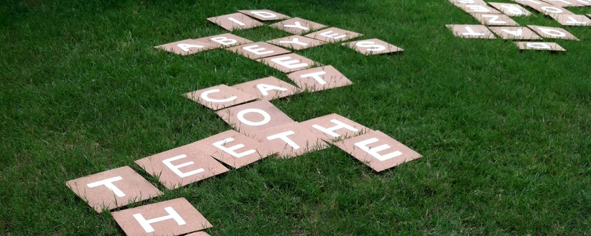 Large Scrabble style tiles with white letters are arranged on green grass to spell words like CAT and TEETH.