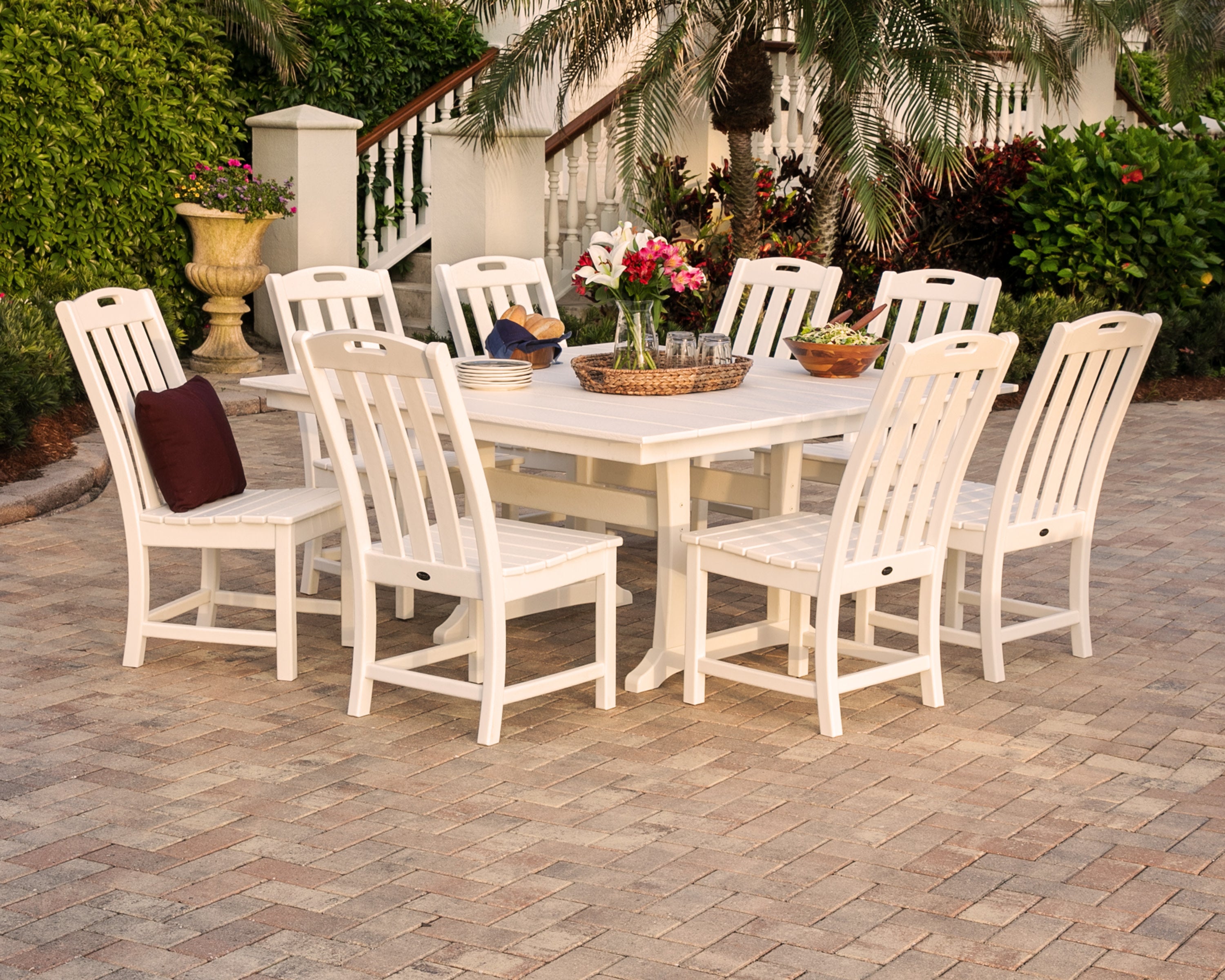 patio様 Yacht Club 9-Piece Farmhouse Trestle Side Chair Dining Set